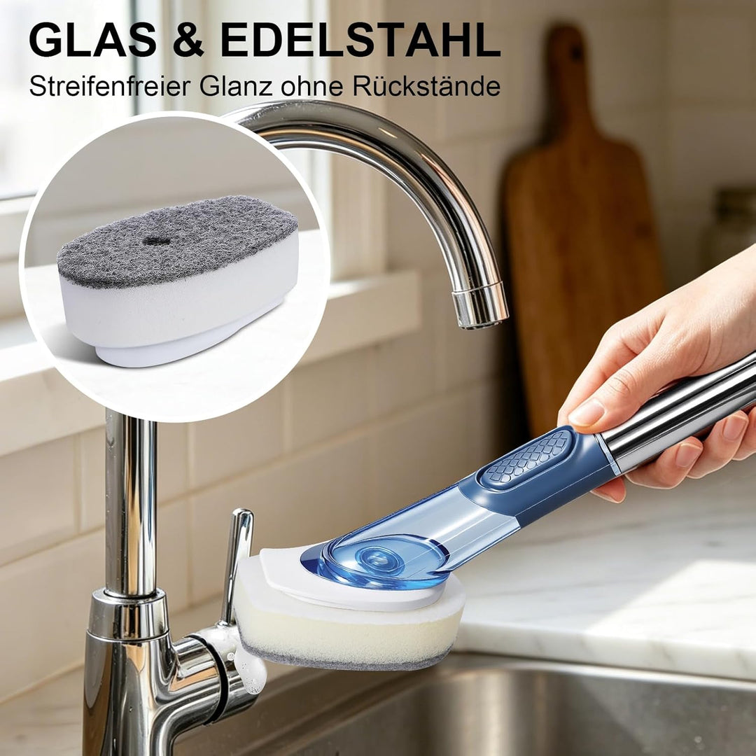 Spülbürste mit Spülmittelspender, Zvonema Küchenbürste mit ergonomischem Langer Griff, 4 Hochwertige