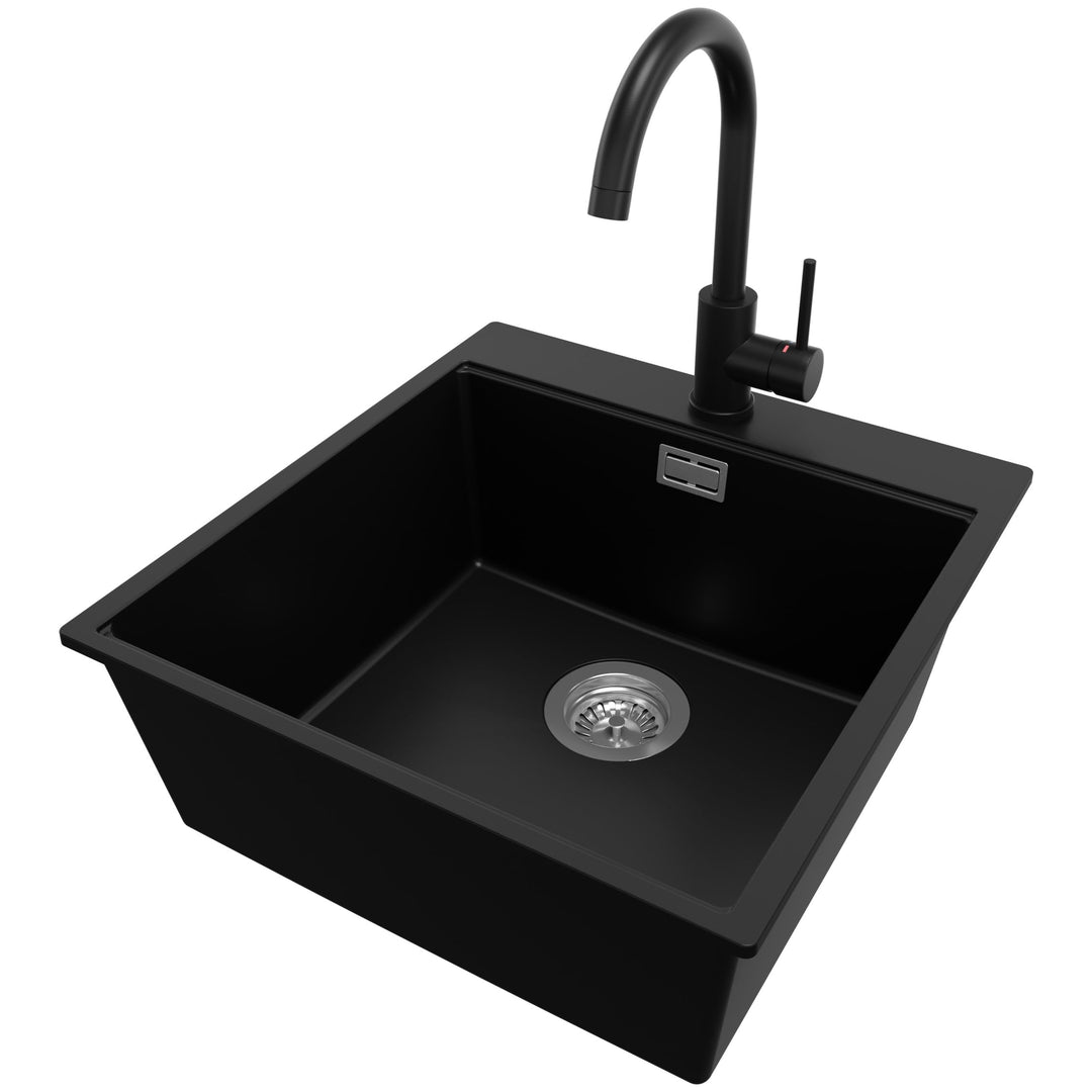 PRIMAGRAN Granitspüle Schwarz 48x50cm, Spülbecken 1 Becken + Ablauf-Set + Küchenarmatur 32x20cm, Küc