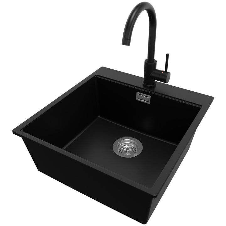 PRIMAGRAN Granitspüle Schwarz 48x50cm, Spülbecken 1 Becken + Ablauf-Set + Küchenarmatur 32x20cm, Küc