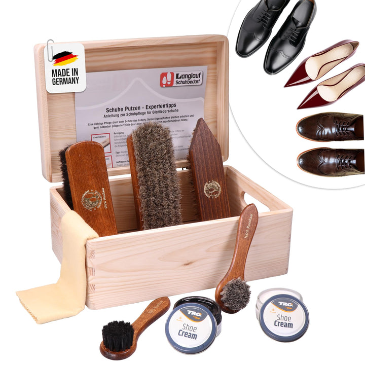 Schuhputzset Leder 9tlg Schuhputzkasten Milano I Rosshaar Schuhbürste -Tiegelbürste und extra weiche