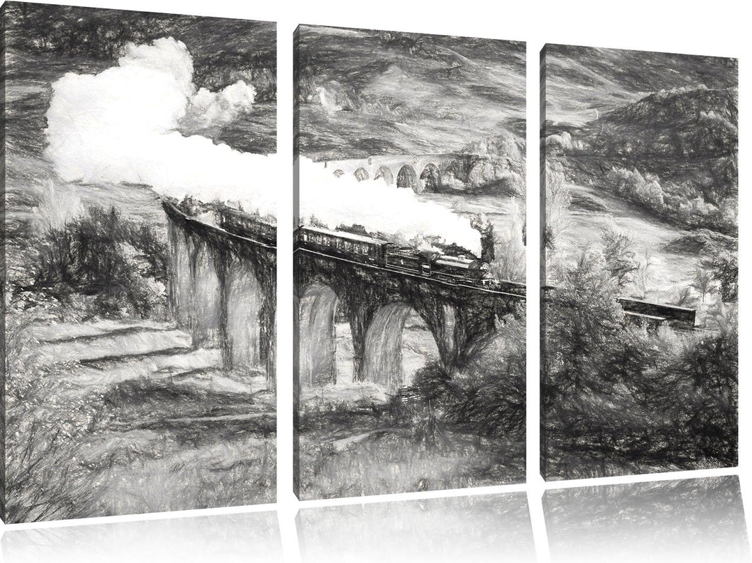 Pixxprint Dampflokomotive / 3-Teilig/Gesamtmass 120cm Leinwandbild bespannt auf Holzrahmen/Wandbild