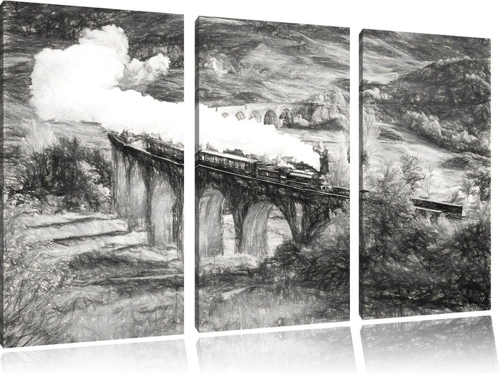 Pixxprint Dampflokomotive / 3-Teilig/Gesamtmass 120cm Leinwandbild bespannt auf Holzrahmen/Wandbild