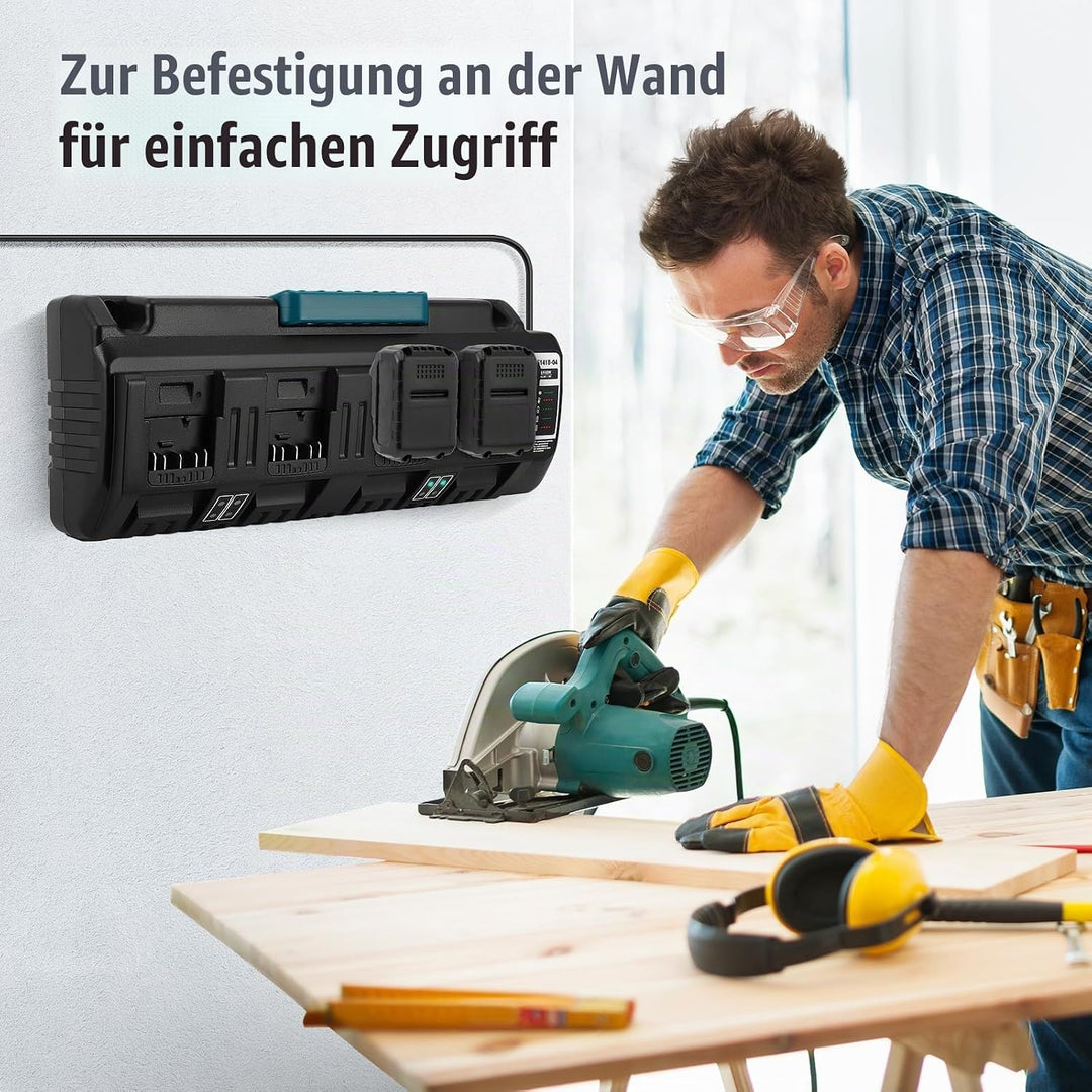 4‑Fach Akku‑Schnellladegerät mit Dual‑USB‑Anschlüssen | Für 14,4V‑18V Lithium‑Ionen‑Akkus, LED‑Anzei