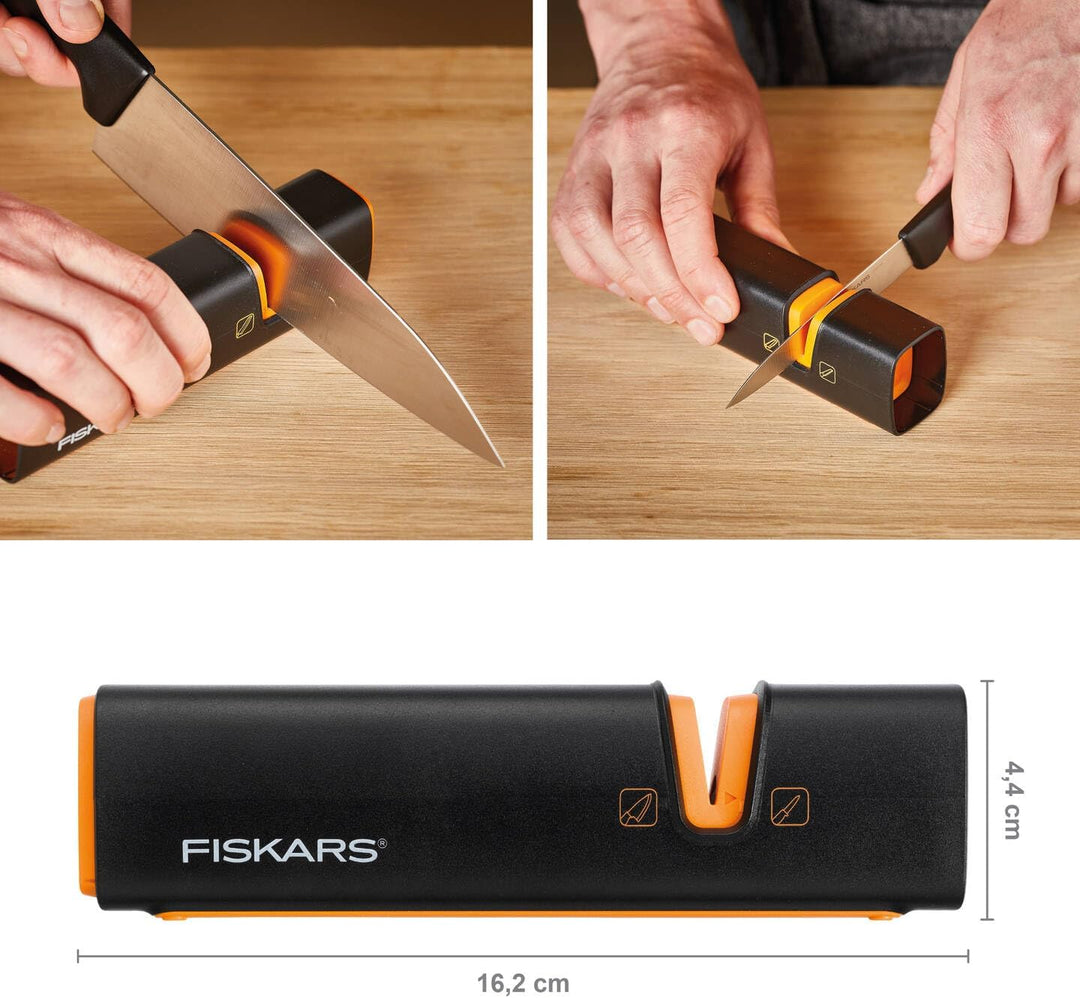 Fiskars Messerschärfer für scharfe Messerklingen aus Stahl, Keramikschleifstein, Edge, Roll-Sharp, S