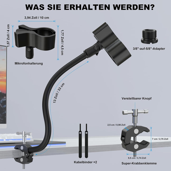 ZealSound Mikrofon Arm, Schwanenhals Arm mit robuster Krabbenklemme für runde Rohre und Tischplatten