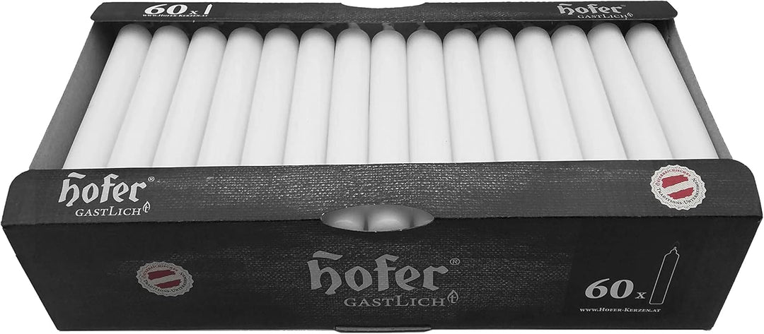 Hofer Lange Tafelkerzen, 60 Stück Set (1x60), dim. 21,5x180 mm, weisse Farbe, Lange Brenndauer ca. 5