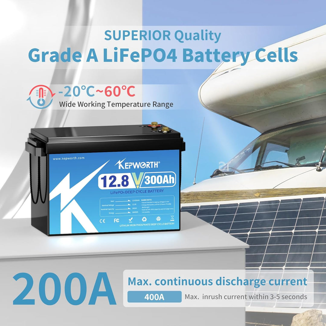 KEPWORTH LiFePO4 300Ah 12V Batterie, 3840Wh Lithium Akku mit 200A BMS, Max. 15000 Zyklen, Perfekter