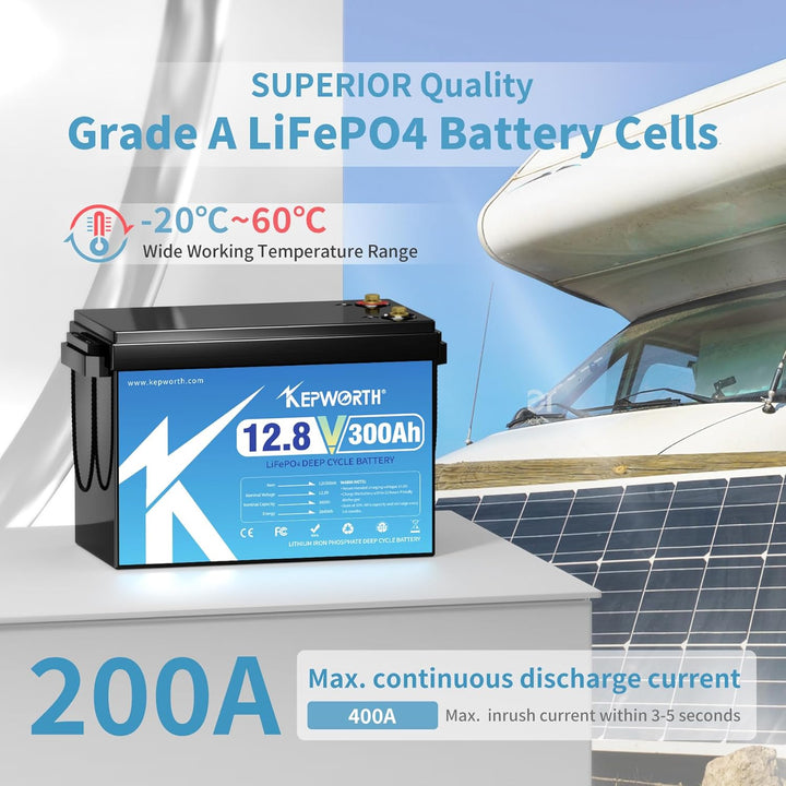 KEPWORTH LiFePO4 300Ah 12V Batterie, 3840Wh Lithium Akku mit 200A BMS, Max. 15000 Zyklen, Perfekter