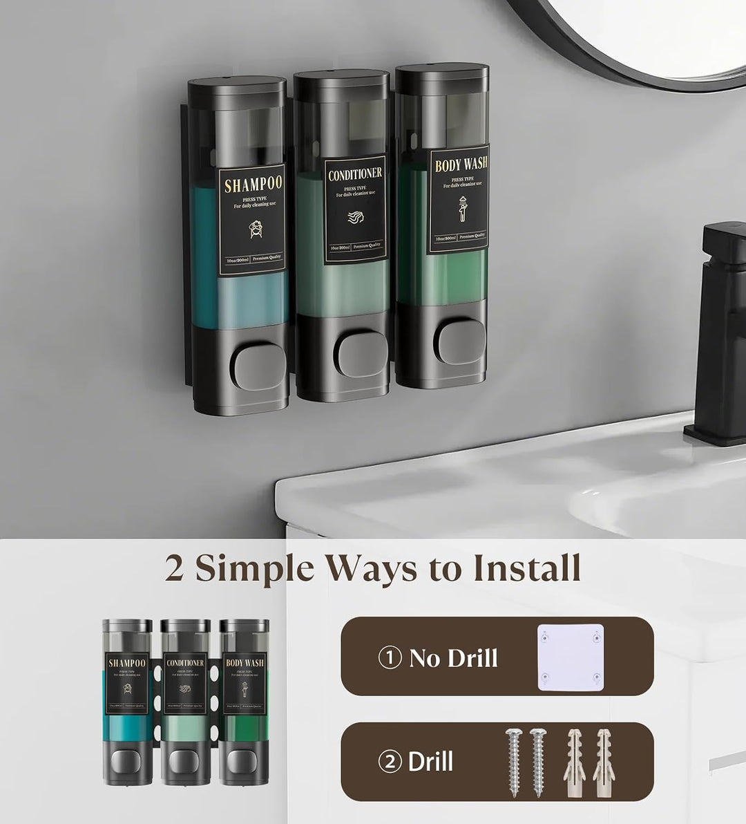 Luxspire Shampoo- und Conditioner-Spender, bohrerloser Wand-Duschseifenspender mit 3 Kammern und was