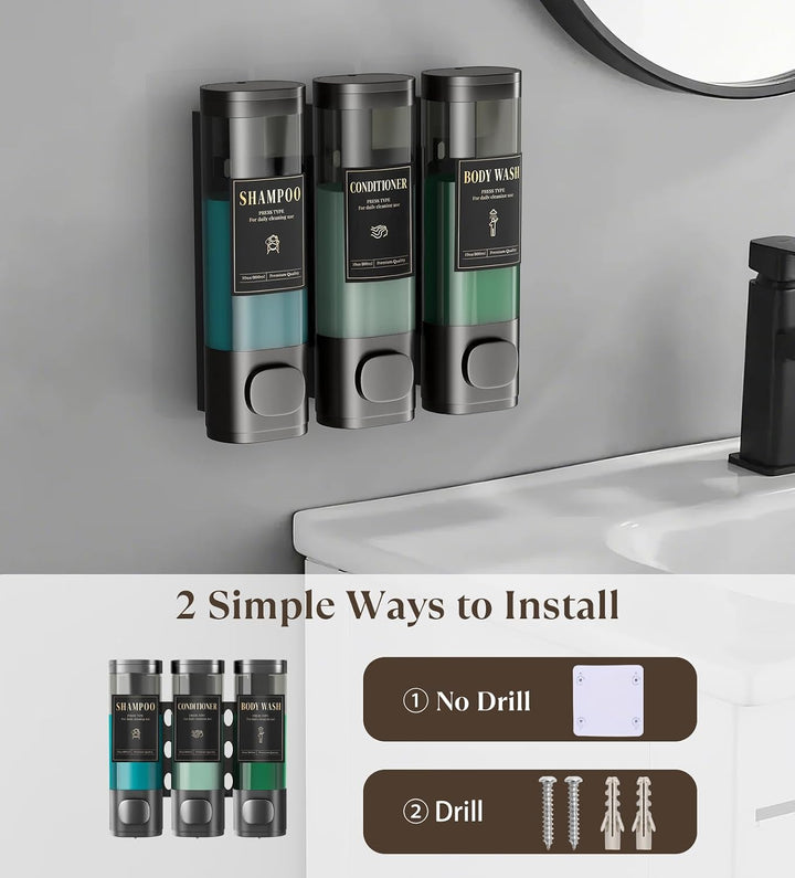 Luxspire Shampoo- und Conditioner-Spender, bohrerloser Wand-Duschseifenspender mit 3 Kammern und was