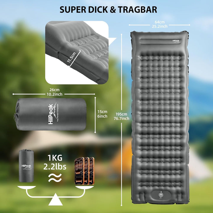 HiiPeak Ultraleichte Isomatte aufblasend - Luftmatratze Camping mit integrierter Fusspumpe & Kissen,
