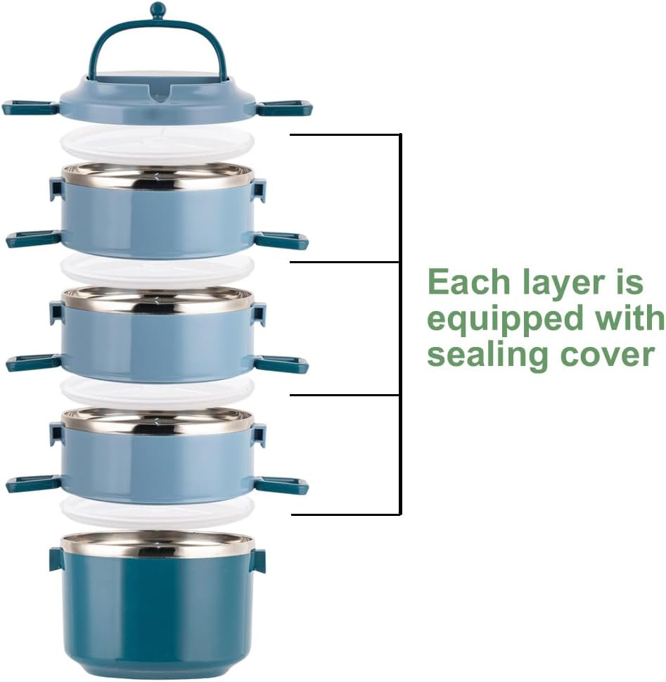 SANQIAHOME 4 Schichten Mehrschichtige stapelbare Edelstahl-Lunchbox,Auslaufsicher,blau Blau 4 Schich
