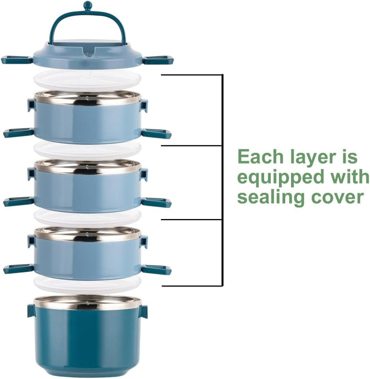 SANQIAHOME 4 Schichten Mehrschichtige stapelbare Edelstahl-Lunchbox,Auslaufsicher,blau Blau 4 Schich