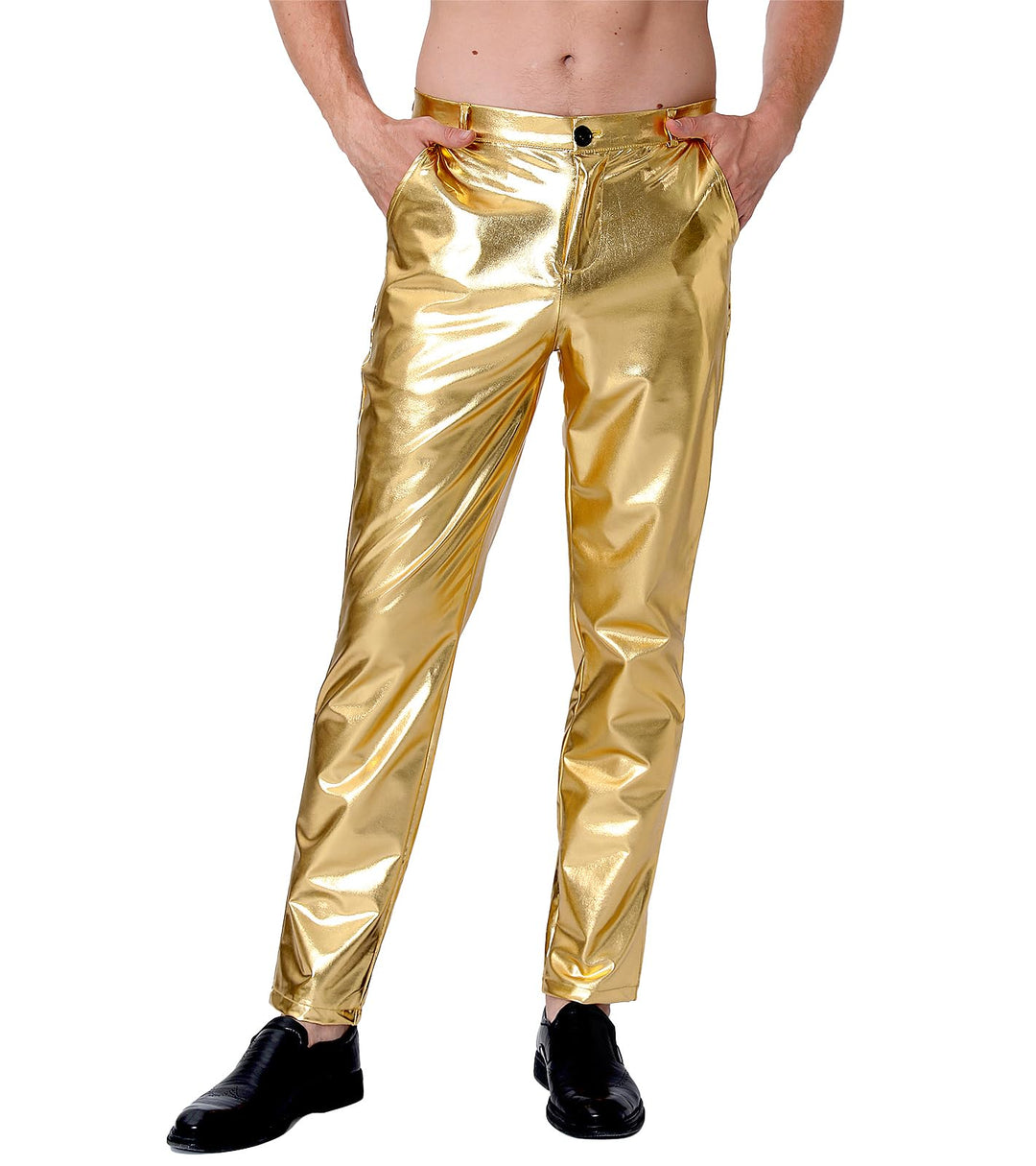 COSAVOROCK Herren 70er Jahre Disco Hose Metallic Glänzend Hosen 30W Gold, 30W Gold