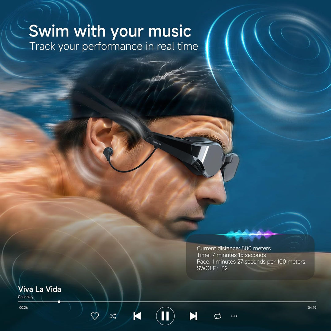 SollaWave AI Music Smart Schwimmbrille mit integrierten Schwimm-Kopfhörern, Echtzeit-Sprachfeedback