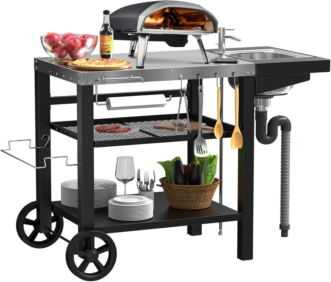 GFTIME Grillwagen 107x63x81cm, Grilltish mit Spüle für Ninja woodfire, für Pizzaöfen, grillwagen Out