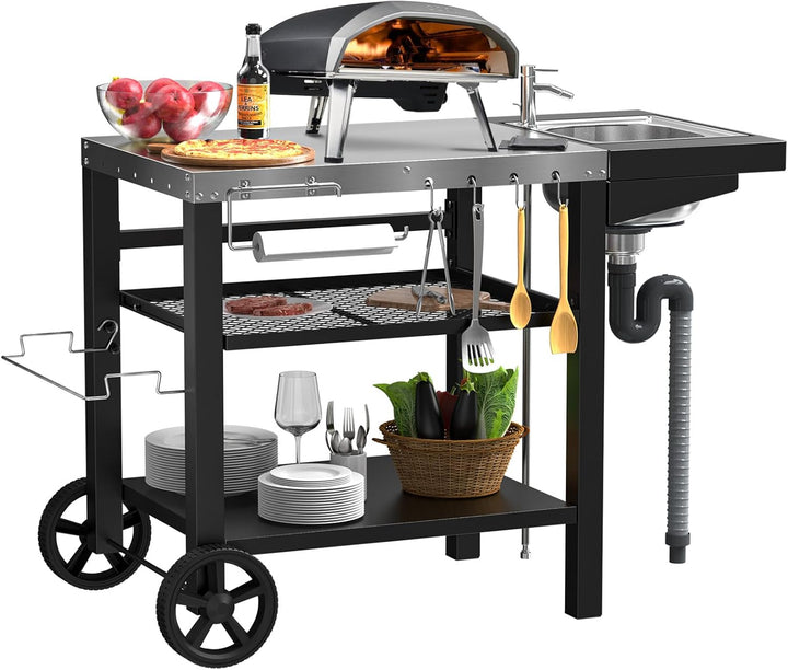 GFTIME Grillwagen 107x63x81cm, Grilltish mit Spüle für Ninja woodfire, für Pizzaöfen, grillwagen Out