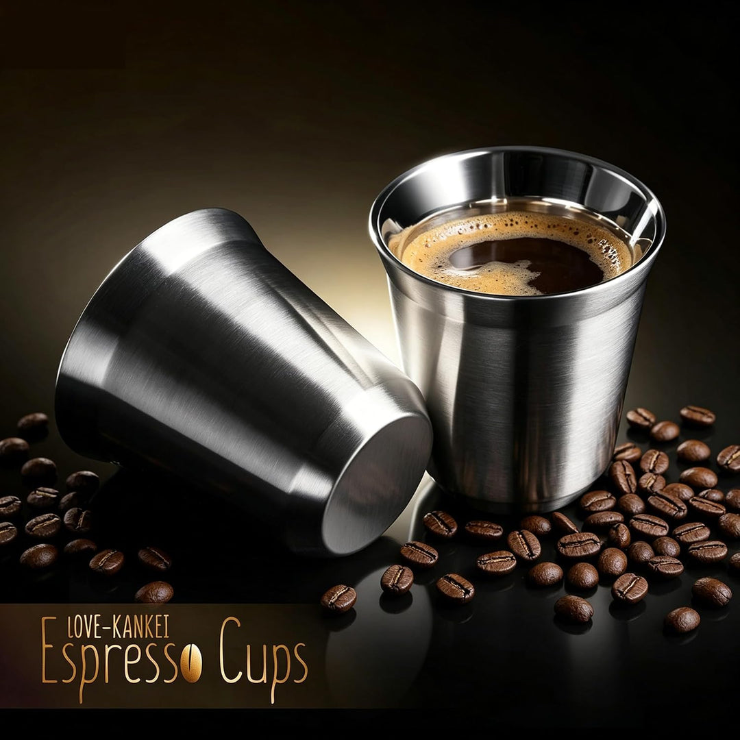 Love-KANKEI Espressotassen Mokkatassen Edelstahl Kaffeetassen 150ml 2Stk. | Doppelwandige Espressobe