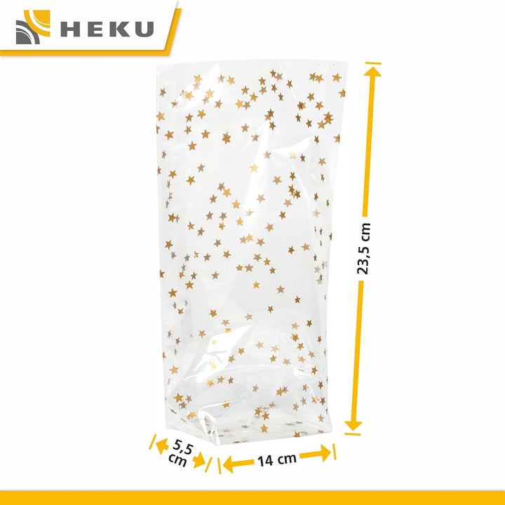 HEKU 1000er Packung Transparente Bodenbeutel mit goldenen Sternen 235x140x55mm I Stabiler Kreuzboden