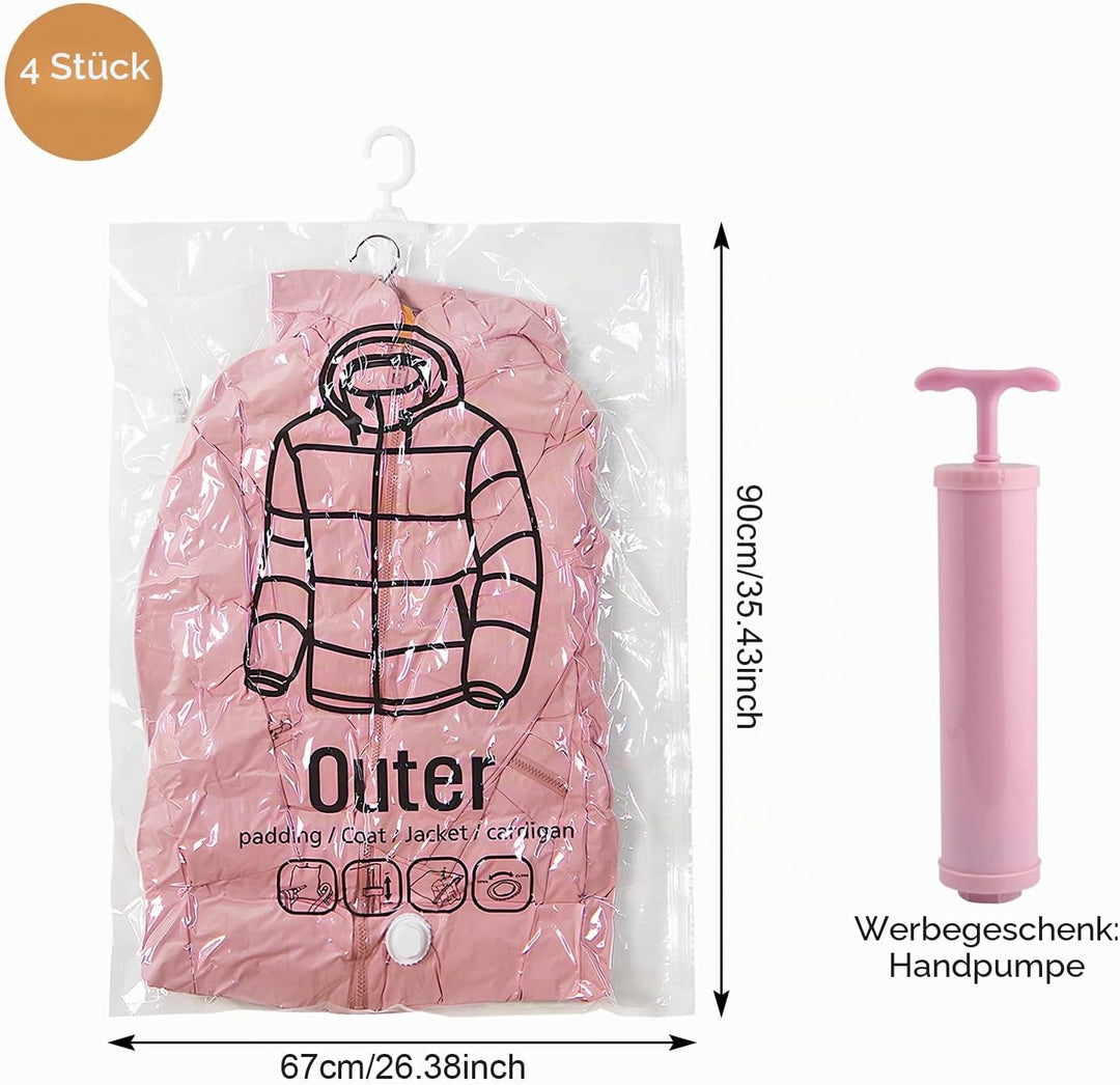 Vakuumbeutel für Kleidung mit Handpumpe, 4 Stück Hängende Vakuumbeutel 67 x 90 cm, Platzsparend Wied