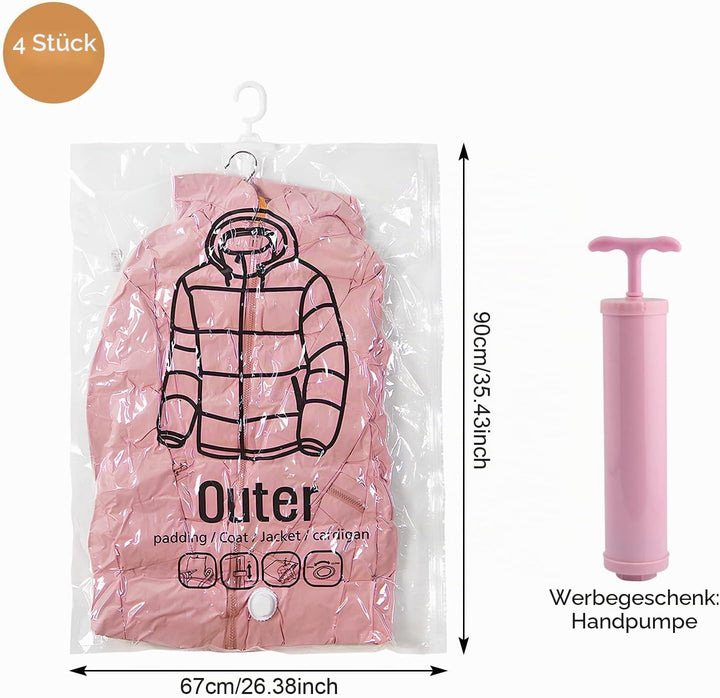 Vakuumbeutel für Kleidung mit Handpumpe, 4 Stück Hängende Vakuumbeutel 67 x 90 cm, Platzsparend Wied