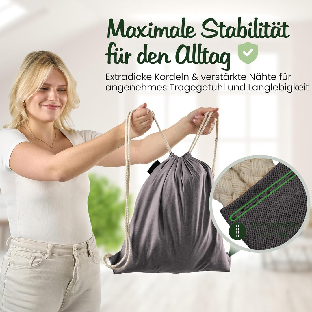 Baumwoll 10er Set Anthrazit Turnbeutel Sportbeutel Zuziehbeutel Gymsack Sack Jute Schule Rucksack, A