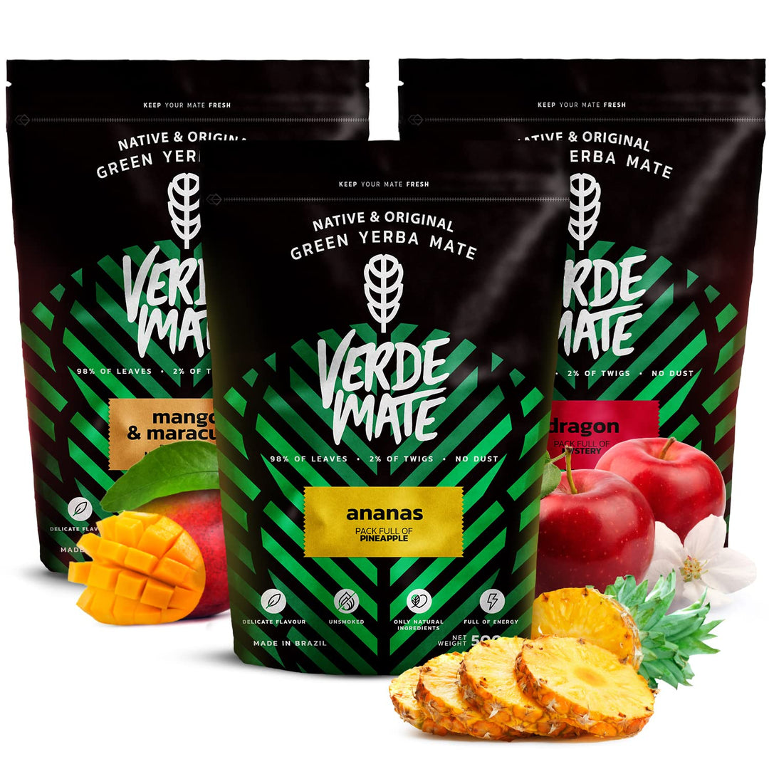 Mate Tee Verde Mate Frucht Set 1,5kg - Brasilien Yerba Mate - 5mm Grobe Blätter - Luftgetrocknet, St