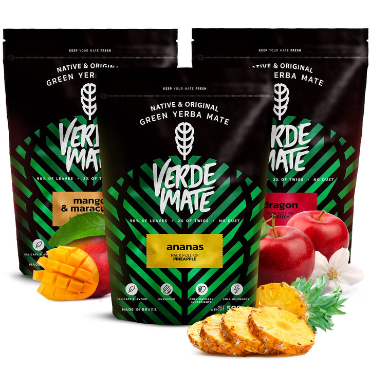 Mate Tee Verde Mate Frucht Set 1,5kg - Brasilien Yerba Mate - 5mm Grobe Blätter - Luftgetrocknet, St