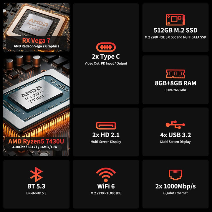 DreamQuest Mini PC Windows 11 Pro - AMD Ryzen 5 7430U, 16GB DDR4 RAM, 512GB SSD (erweiterbar), WiFi
