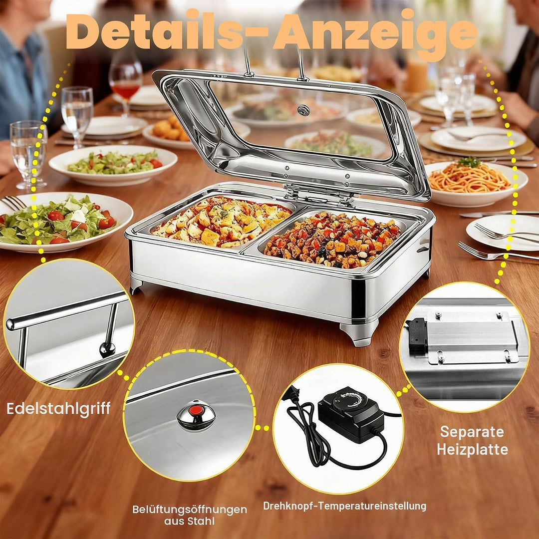 Chafing Dish Elektrisch, 9L Edelstahl Warmhaltebehälter Essen Elektrisch mit Glasdeckel, Speisewärme