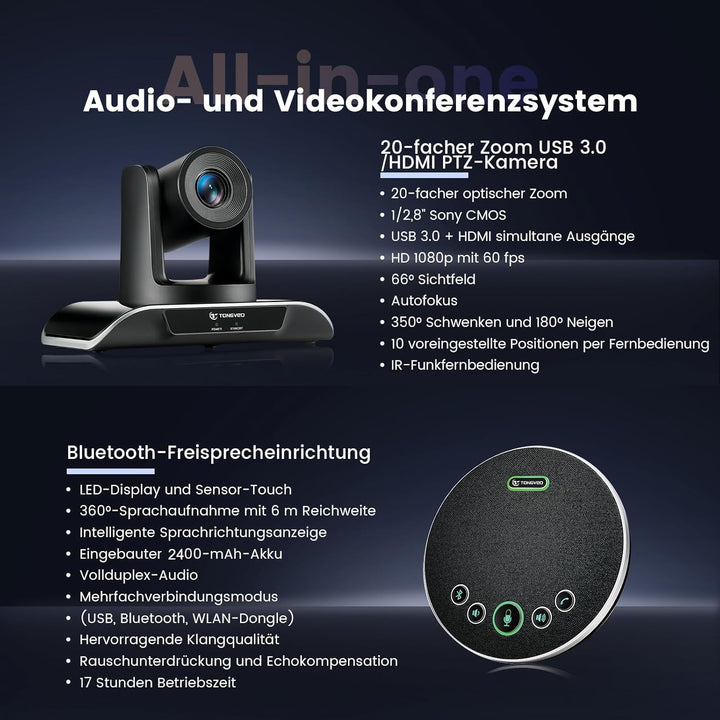 TONGVEO 20-facher Zoom Konferenzraum-Kamerasystem, Video und Audio konferenzsystem 20-facher optisch