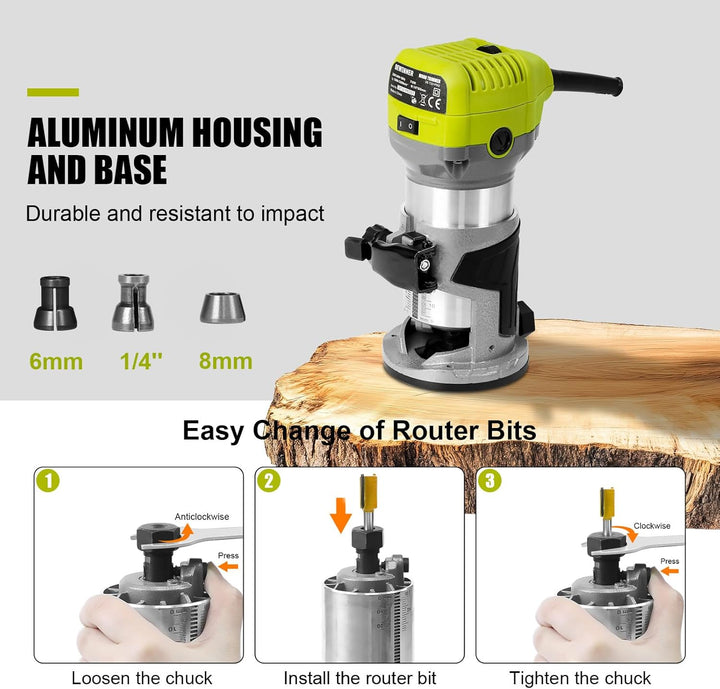 DEWINNER Router 710W Edge Router 13000-33000 RPM 6 Speed Levels 3 Clamps 1/4" and 8mm Professional L