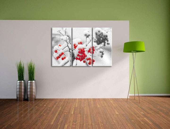 Rote Vogelbeeren im Winter schwarz/weiss 3-Teiler Leinwandbild 120x80 Bild auf Leinwand, XXL riesige