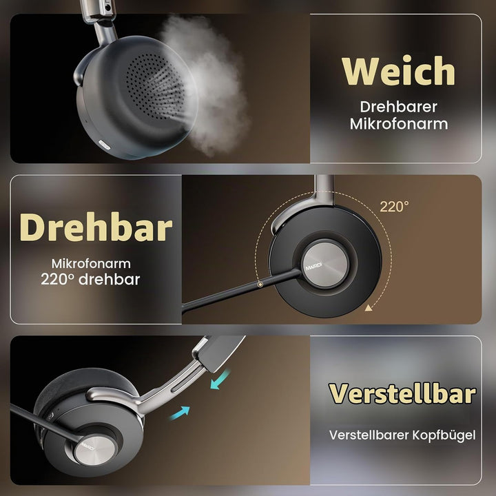 Headset mit Mikrophone Bluetooth, Hybrid Active Noise Cancelling Kabelloses Headset für PC Laptop, 3