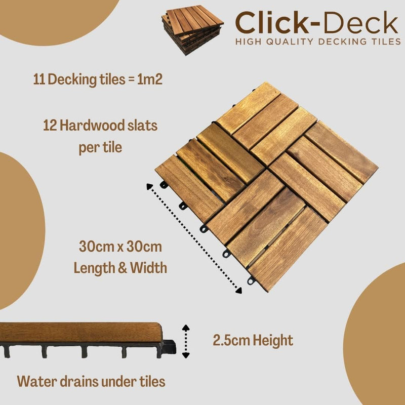 CLICK-DECK 12 Lamellen Hartholz-Terrassenfliesen – Terrasse, Balkon, Dachterrasse, Whirlpool, Deckfl