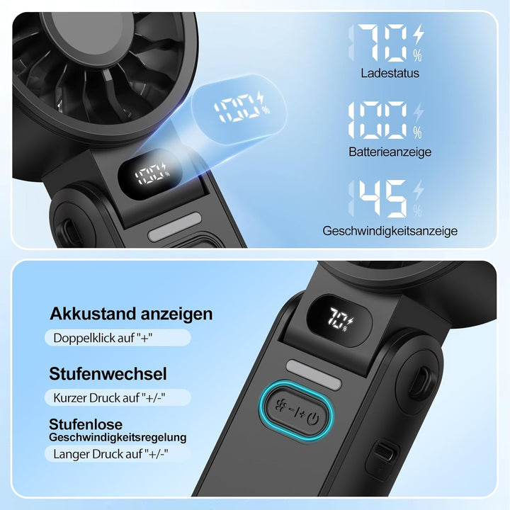 Handventilator 100 Stufen Leise Leistungsstark – Tragbarer Mini Ventilator USB Wiederaufladbar mit L