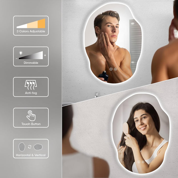 Dripex Badezimmerspiegel Led Badspiegel, Asymmetrisch, Touch-Schalter, Dimmbar, 3 Lichtfarbe Einstel