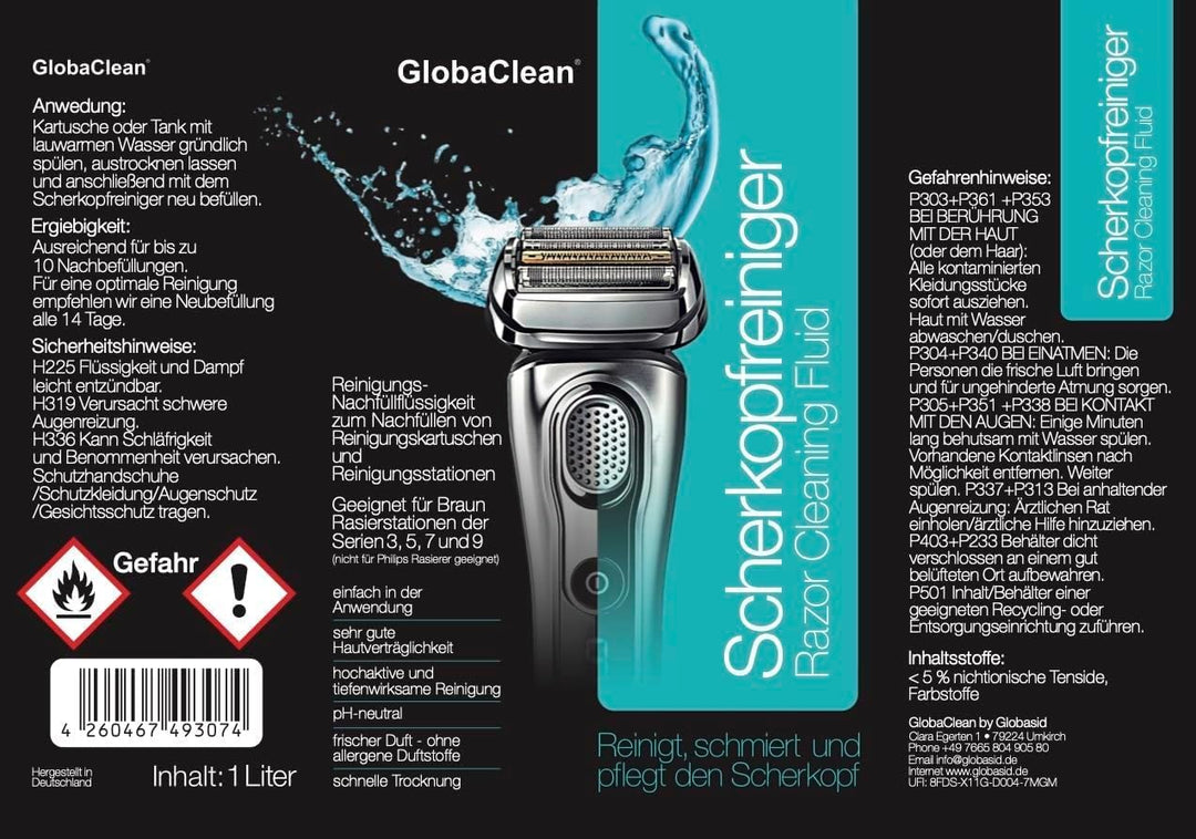 GlobaClean Scherkopfreiniger Nachfüllflüssigkeit 2x 1l - Geeignet zum Nachfüllen von Braun Clean & R