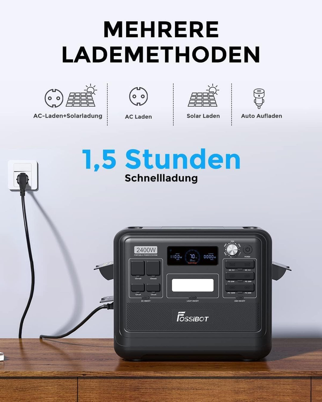 FOSSiBOT Solargenerator F2400 2040Wh mit 200W Solarpanel, LiFePO4 Powerstation mit 3 Wechselstrom Sc