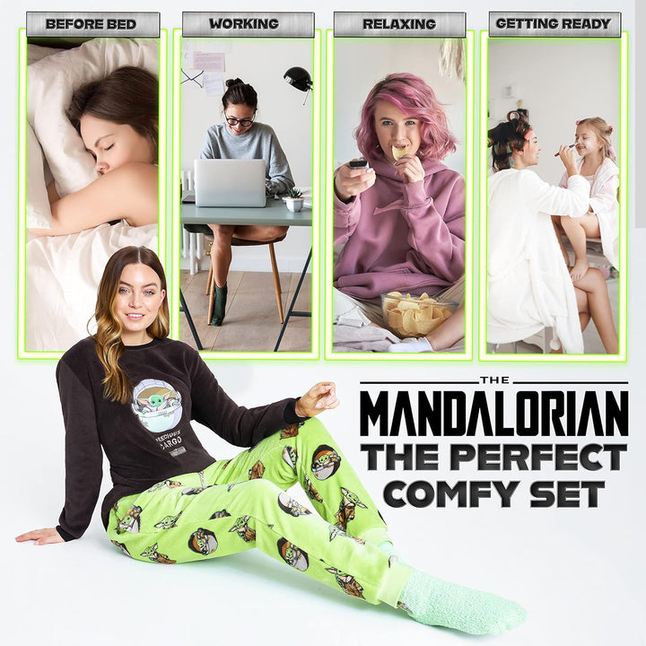 Disney Schlafanzug Damen mit Kuschelsocken Set Charaktere Stitch Geschenke Set S Grün Mandalorian, S