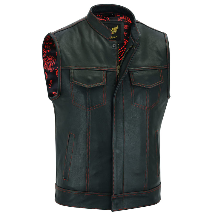 Leatherick Groove Club Herren-Motorradweste aus schwarzem Leder – Bikerweste 46 Schwarz (rote Fadenn