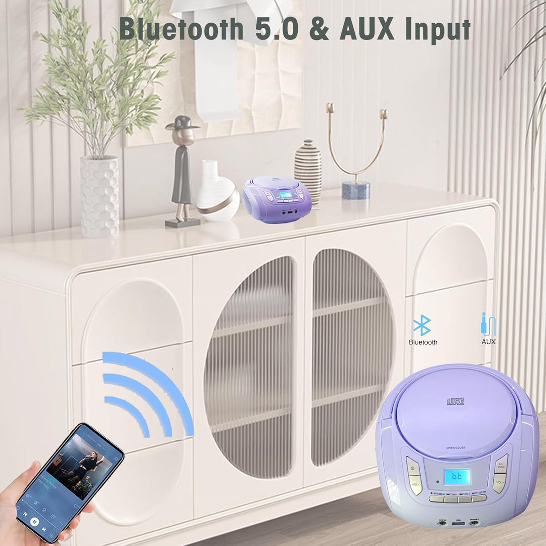 Tragbarer CD-Player für Kinder - Radio-CD-Boombox mit Bluetooth, FM-Radio, USB-Eingang & AUX-Anschlu