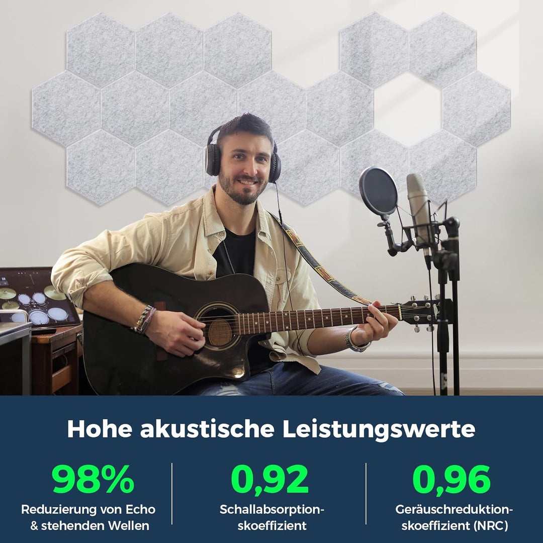 12 Stück Hexagon Akustikplatten Selbstklebend, 30 x 26 x 0,9 cm Hohe Dichte Akustikpaneele, Schallsc