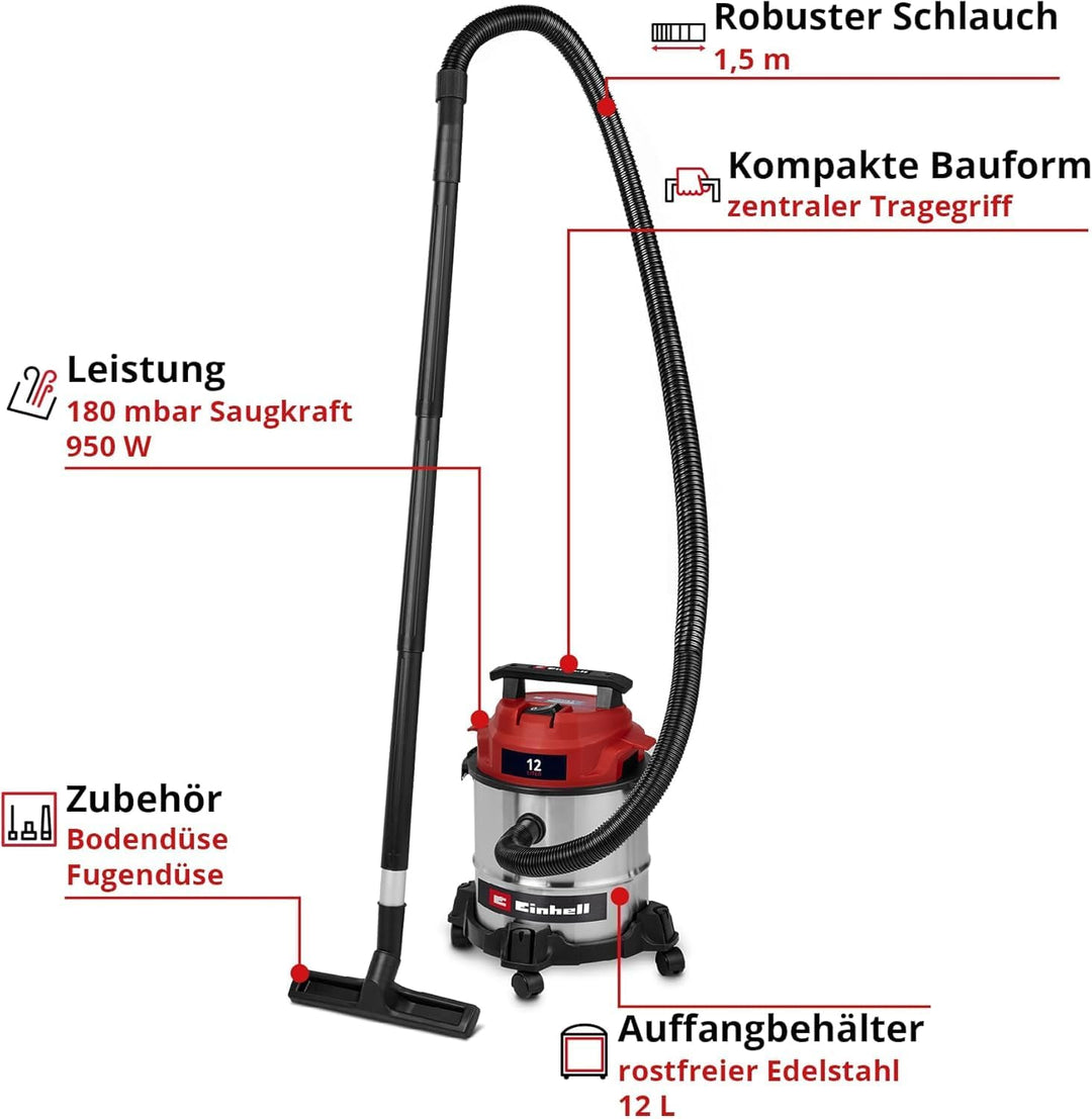 Einhell Nass-Trockensauger TC-VC 1240 S | 950 W | 180 mbar | 4 Lenkrollen | 12-L-Behälter | inkl. Fu
