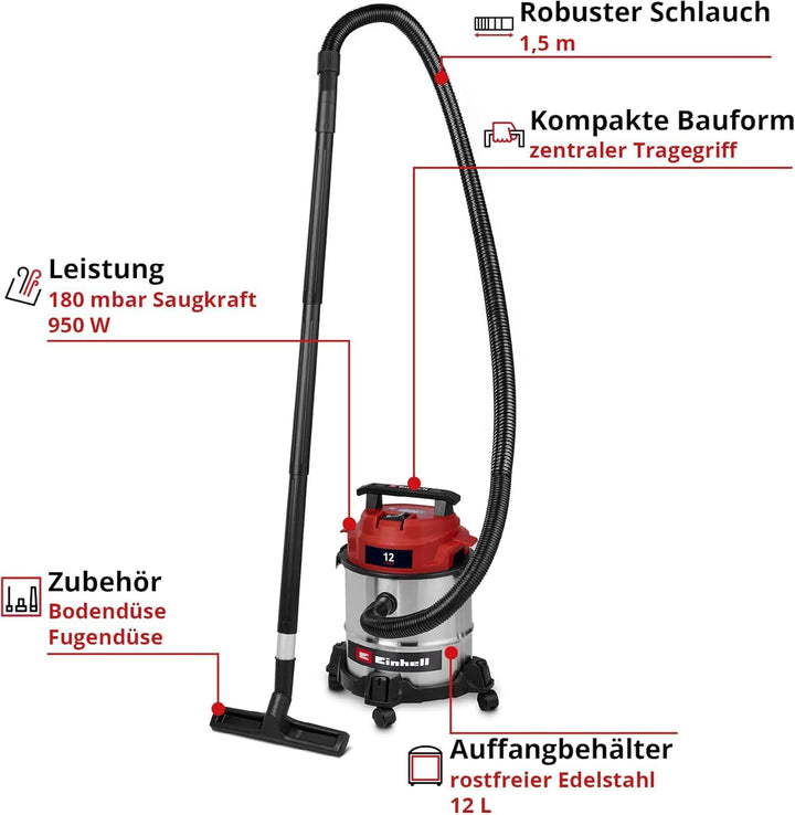 Einhell Nass-Trockensauger TC-VC 1240 S | 950 W | 180 mbar | 4 Lenkrollen | 12-L-Behälter | inkl. Fu