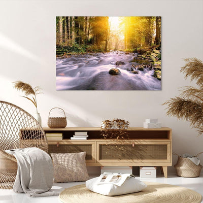 ARTTOR Bilder auf Leinwand 100x70cm Leinwandbild Herbst Wald Berg Fluss Gross Wanddeko Bild Schlafzi