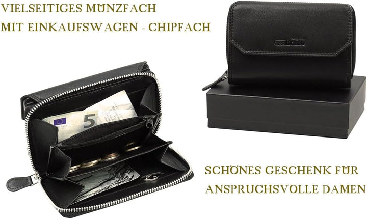 Damen Portemonnaie schwarz gross Leder Damen Geldbörse schwarz Geldbeutel mittel-gross Damengeldbörs