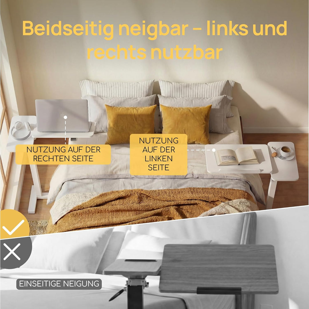 Viviendo Betttisch auf Rollen, Weiss, höhenverstellbarer Beistelltisch 68–108 cm mit Gasdruckfeder,