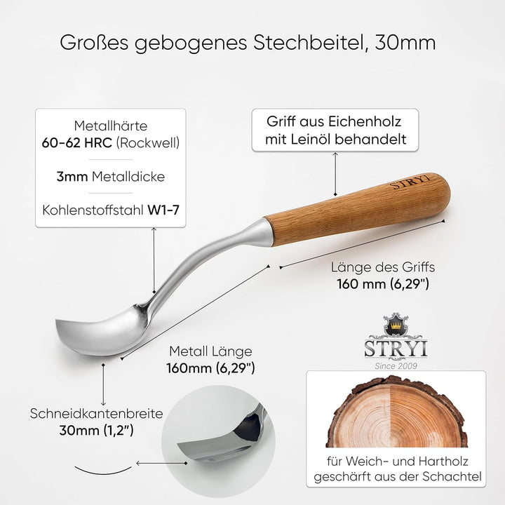 STRYI Profi Grosser gebogener Hohleisen – 30 mm – Handgeschmiedetes Werkzeug für tiefe Holzschnitzer