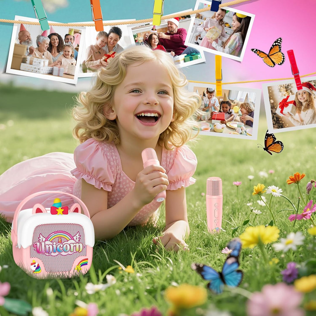 Karaoke Maschine Kinder mit 2 Bluetooth Karaoke Mikrofon, Einhorn Geschenk Spielzeug für Mädchen 3-1